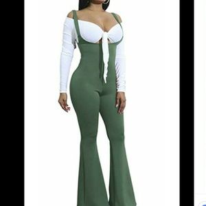 Olive green suspender bell bottoms